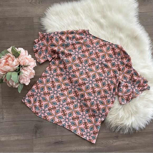 LOFT Pink Scandinavian Printed Layered Ruffle Sleeve Blouse S - Picture 5 of 7